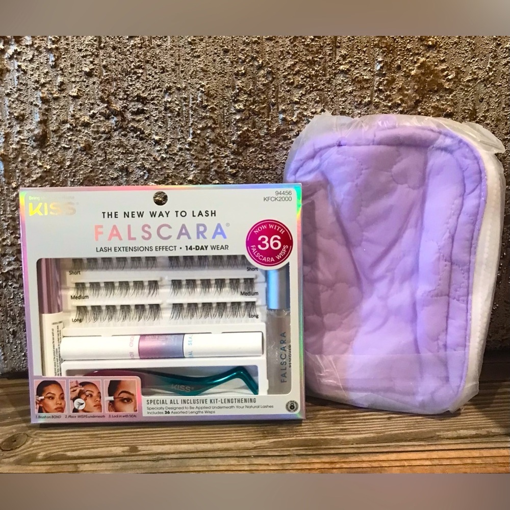 NWT KISS Falscara Starter Lash Extension Kit Deluxe & Purple Puffer Makeup Bag